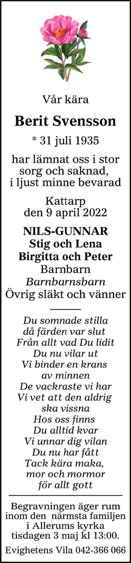 Dödsannons Berit Svensson