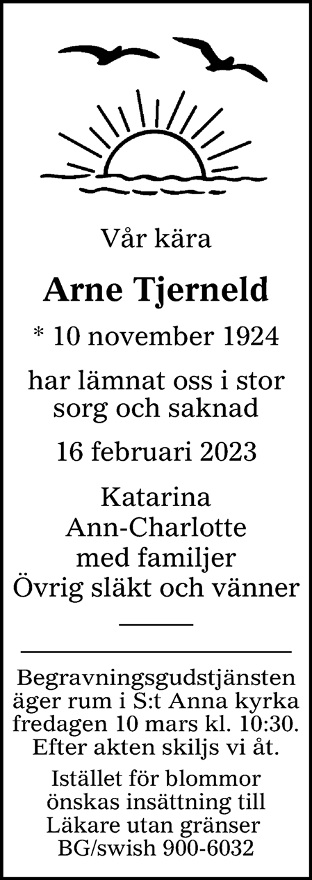 Dödsannons Arne Tjerneld