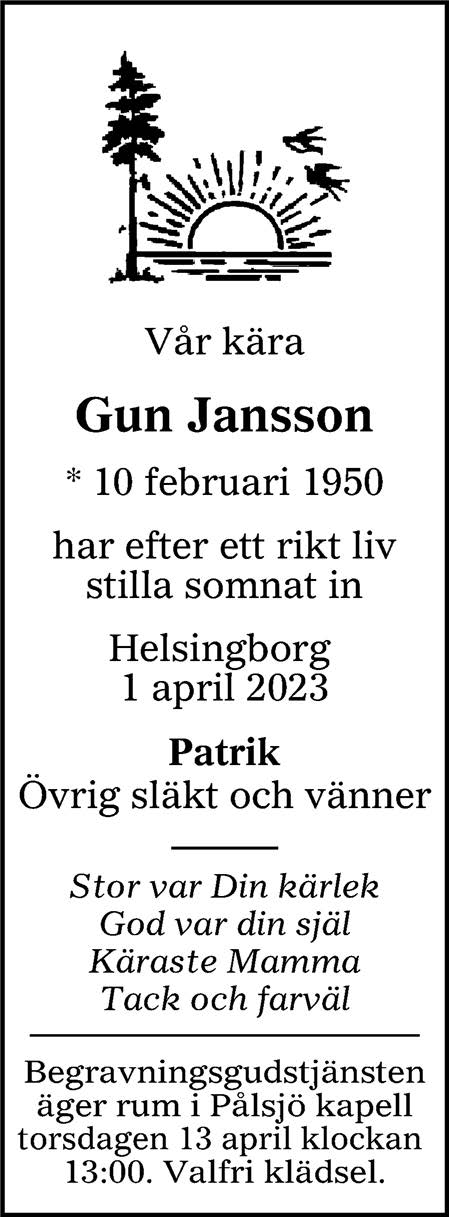 Dödsannons Gun Jansson