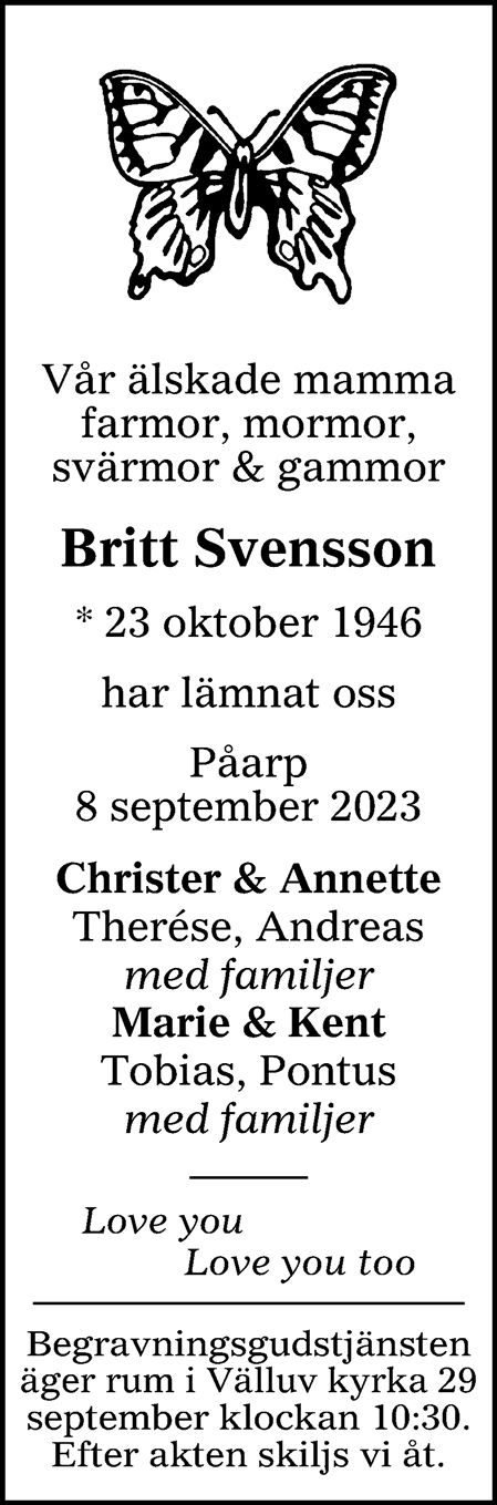 Dödsannons Britt Svensson